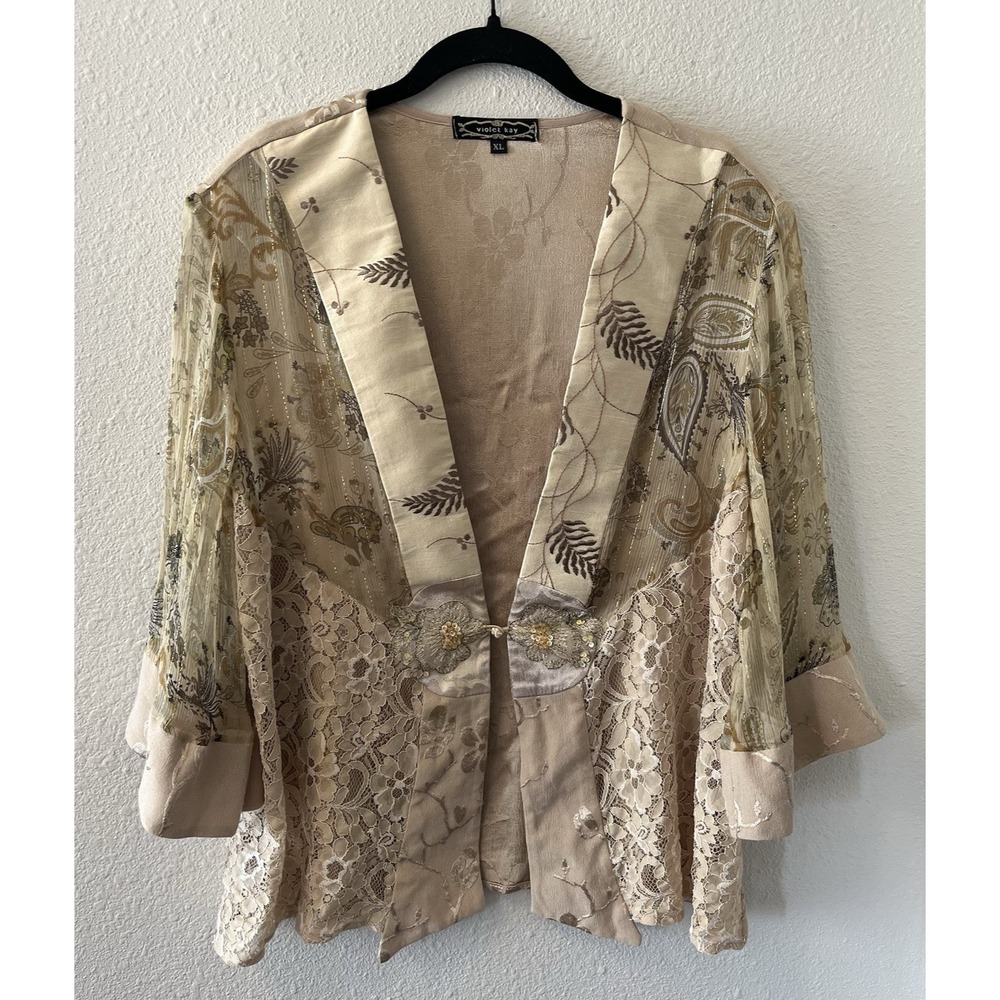 VIOLET KAY Spencer Alexis Kimono Top Sz XL Tan Floral Lacey Sheer Y2K Flawed